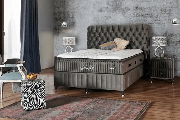 FLUFFY Lit coffre, Tête de lit et Matelas Gris orthopédique à système de ressort ensaché - Bella Home