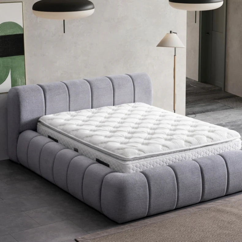 BUBBLE Matelas, Lit coffre et Tête de lit en tissu velours texturé - Gris