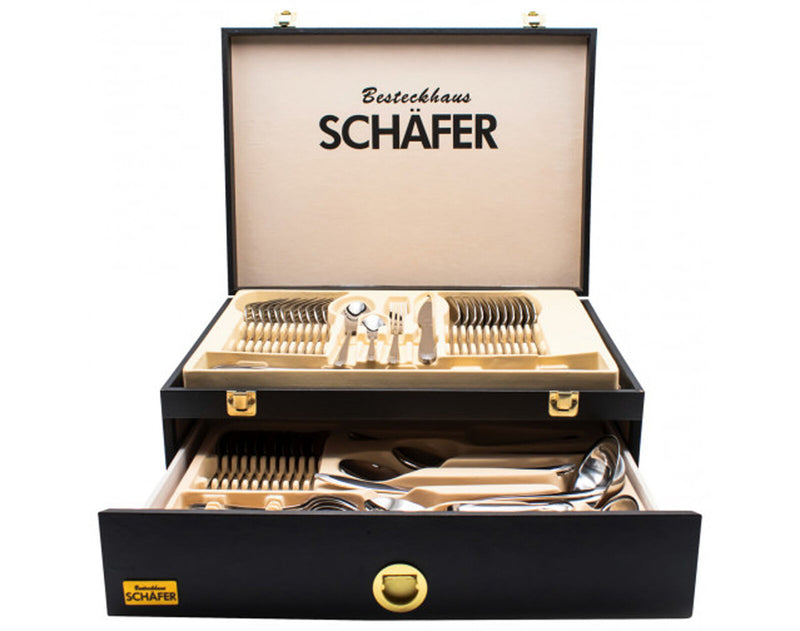 SCHÄFER Set de couverts et ustensiles de service 72 pièces avec coffret SCHÄFER Çatal Kaşık Bıçak ve Servis Gereçleri Seti 72 parça kutulu SCHÄFER Besteck-Set 72-tlg. mit Holzkoffer 