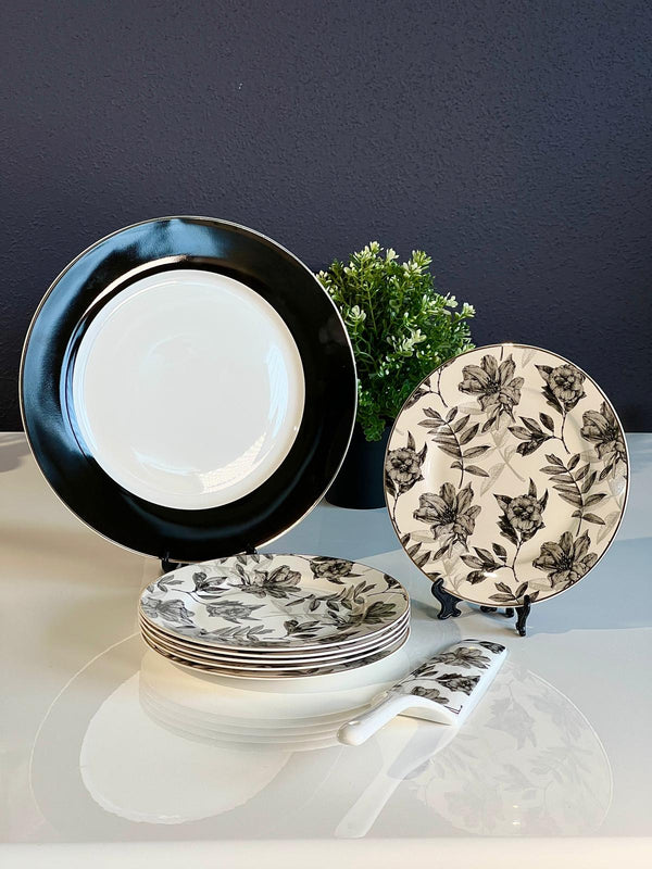 ZELLERFELD Set Assiettes à dessert noir blanc fleuris 8 pièces