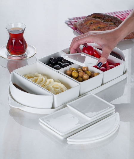 ACAR BİANCO PERLA Set de petit-déjeuner ovale en porcelaine 6 pièces ACAR BİANCO PERLA 6'lı Porselen oval kahvaltılık ACAR BİANCO PERLA Ovales Frühstücksset aus Porzellan 6-tlg.