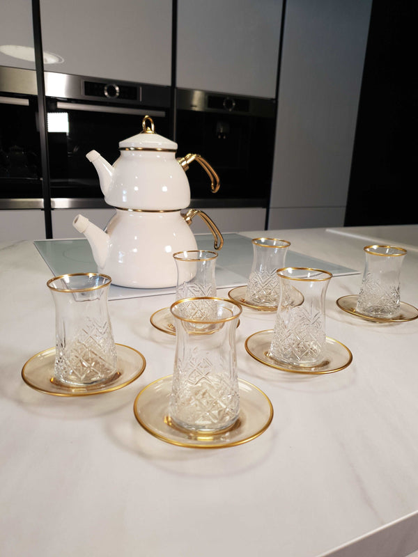 DNZ ART LINDA Gold Set de verres à thé 6 personnes 12 pièces DNZ ART LINDA Gold 6'lı 12'li Çay Bardağı Seti