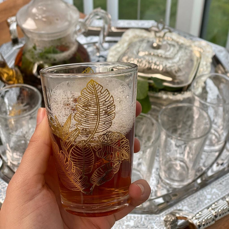 Bella Home Lot de 6 verres à thé motifs feuille dorée 6'lı altın varaklı çay bardağı seti