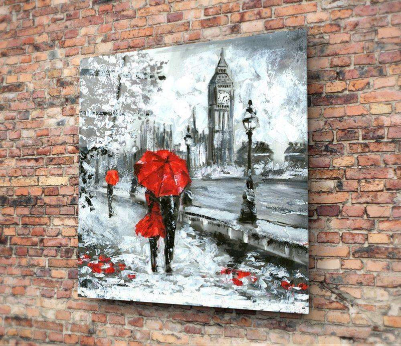 Tableau en verre - Couple au parapluie rouge Big Ben Londres - Cam tablo - Kirmizi Semsiyeli çift Big Ben London - Glasbild - Paar mit rotem Regenschirm Big Ben London