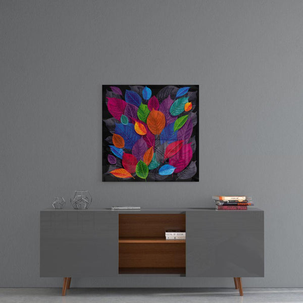 Tableau en verre - Feuilles multicolores sur fond noir - Cam tablo - Siyah zemin üzerine çok renkli yapraklar - Glasbild - Bunte Blätter auf schwarzem Hintergrund