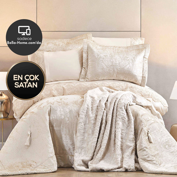 KARACA HOME VALERIA Linge de lit complet 10 pièces avec couvre-lit doré - Royal Gold 10 Parça Çeyiz Seti