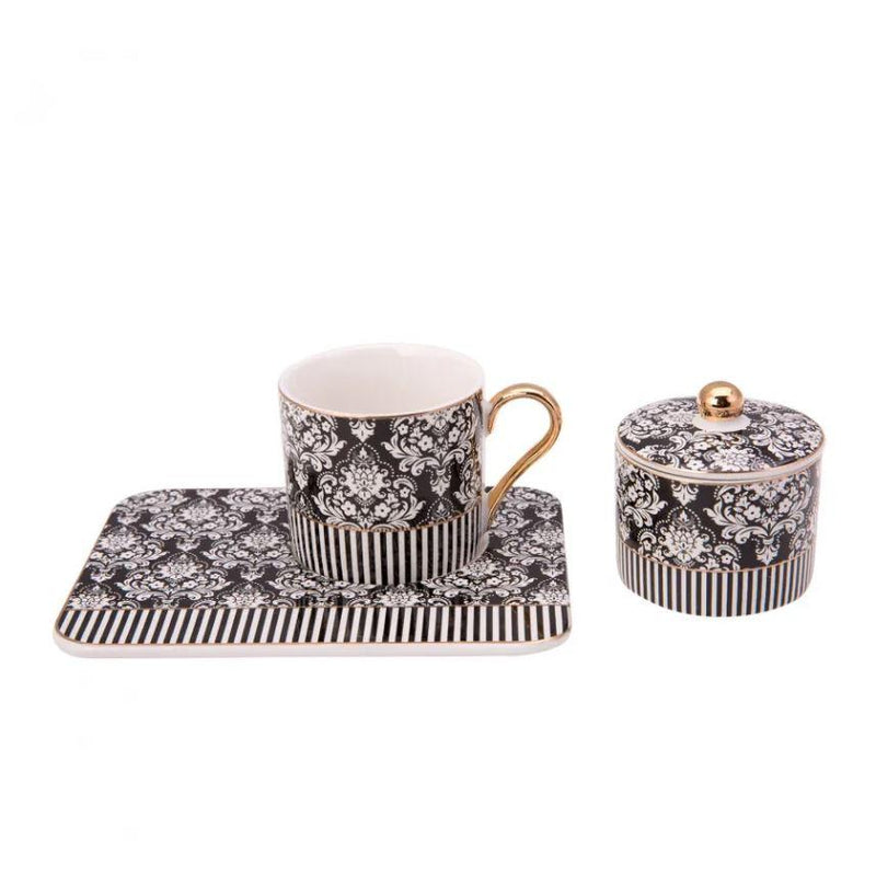 KARACA QUEEN Set de 2 Tasses à café avec soucoupes et petit sucrier en porcelaine noir