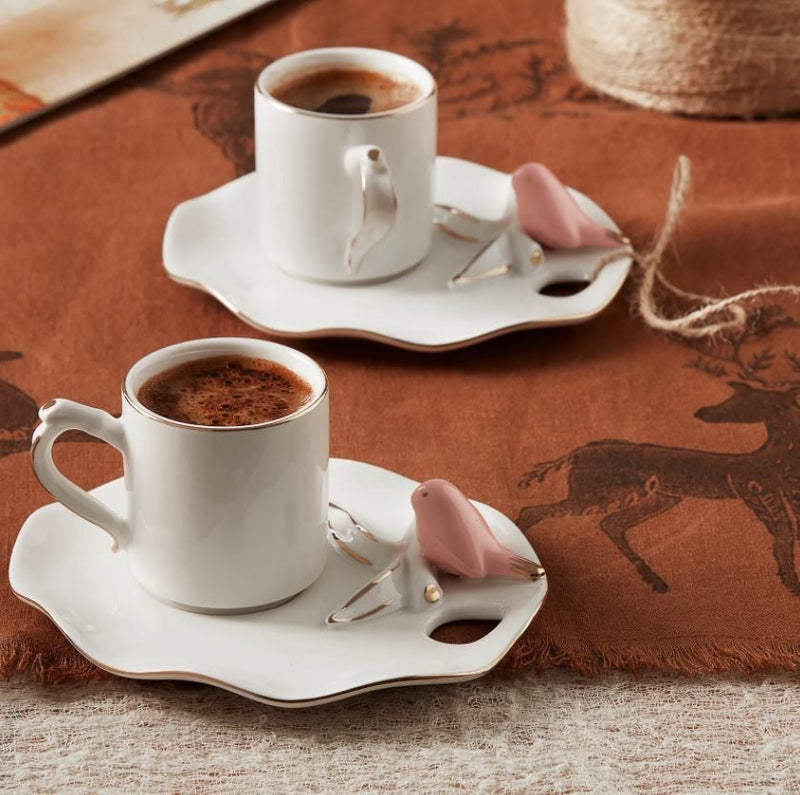 KARACA BIRDS Set de 2 tasses à café blanc et doré avec oiseau rose