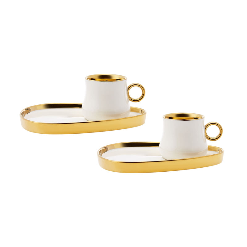 KARACA KLARA Set de 2 tasses à café blanc et doré 100 ml - Beyaz 2 kişilik kahve fincan takımı 100 ml - Set mit 2 weißen und goldenen Kaffeetassen 100 ml