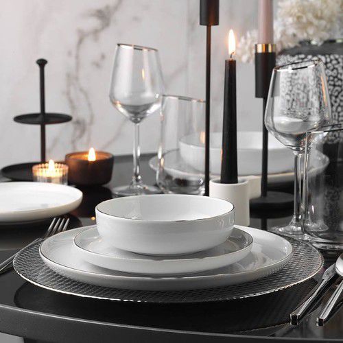 KUTAHYA PORCELAINE MOOD PLATIN Service de table liseré argenté 6 personnes 24 pièces - 24 Parça 6 kişilik fileli yemek takımı gümüş - Tafelservice Platin Rand 24-teilig für 6 Personen