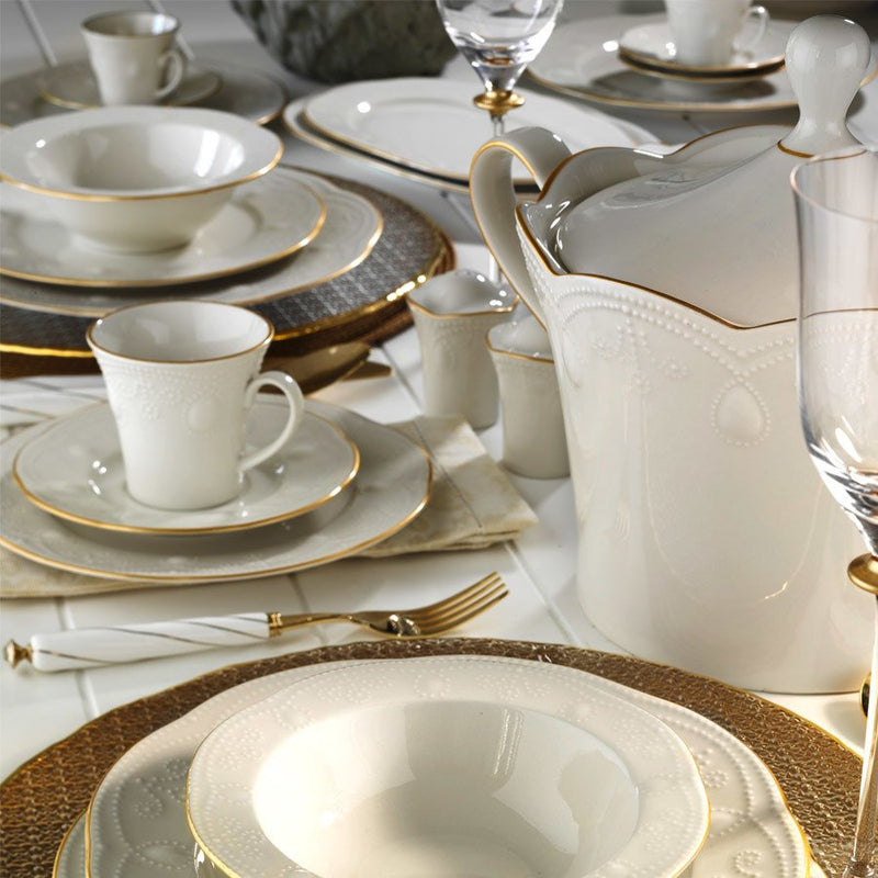 MITTERTEICH by KUTAHYA PORCELAINE FULYA Service de table crème liseré doré 12 personnes 83 pièces - 83 Parça Fulya Krem Fileli Yuvarlak Yemek Takımı - Tafelservice Gold Rand 83-teilig für 12 Personen