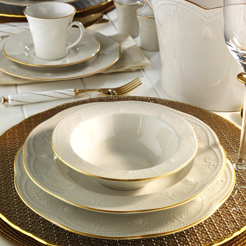 MITTERTEICH by KUTAHYA PORCELAINE FULYA Service de table crème liseré doré 12 personnes 83 pièces - 83 Parça Fulya Krem Fileli Yuvarlak Yemek Takımı - Tafelservice Gold Rand 83-teilig für 12 Personen