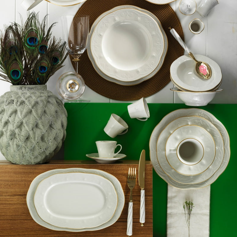 MITTERTEICH by KUTAHYA PORCELAINE FULYA Service de table crème liseré doré 12 personnes 83 pièces - 83 Parça Fulya Krem Fileli Yuvarlak Yemek Takımı - Tafelservice Gold Rand 83-teilig für 12 Personen