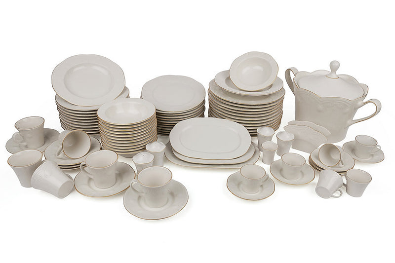 MITTERTEICH by KUTAHYA PORCELAINE FULYA Service de table crème liseré doré 12 personnes 83 pièces - 83 Parça Fulya Krem Fileli Yuvarlak Yemek Takımı - Tafelservice Gold Rand 83-teilig für 12 Personen