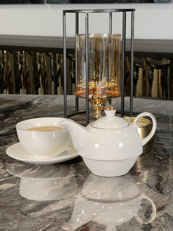 TREND HOME COLLECTION Set de théière en porcelaine et tasse avec liseré doré 3 pièces