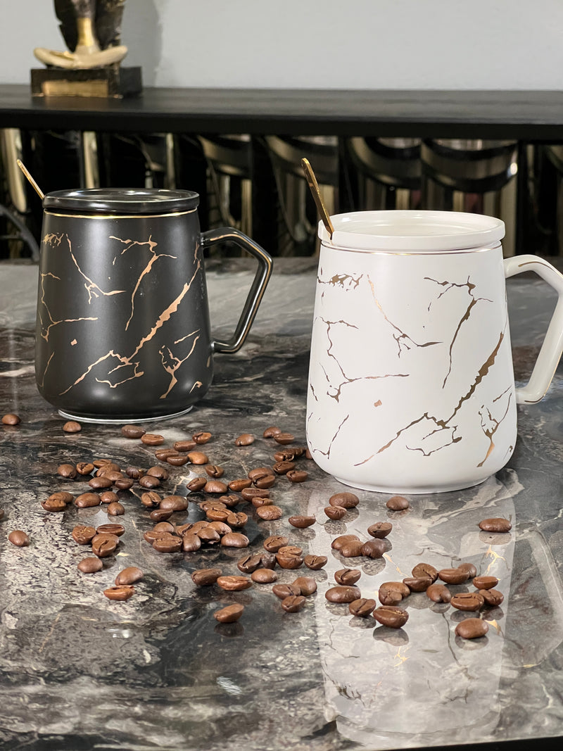 TREND HOME COLLECTION Lot de 2 Mugs BLANC et NOIR motif marbré doré 6 pièces