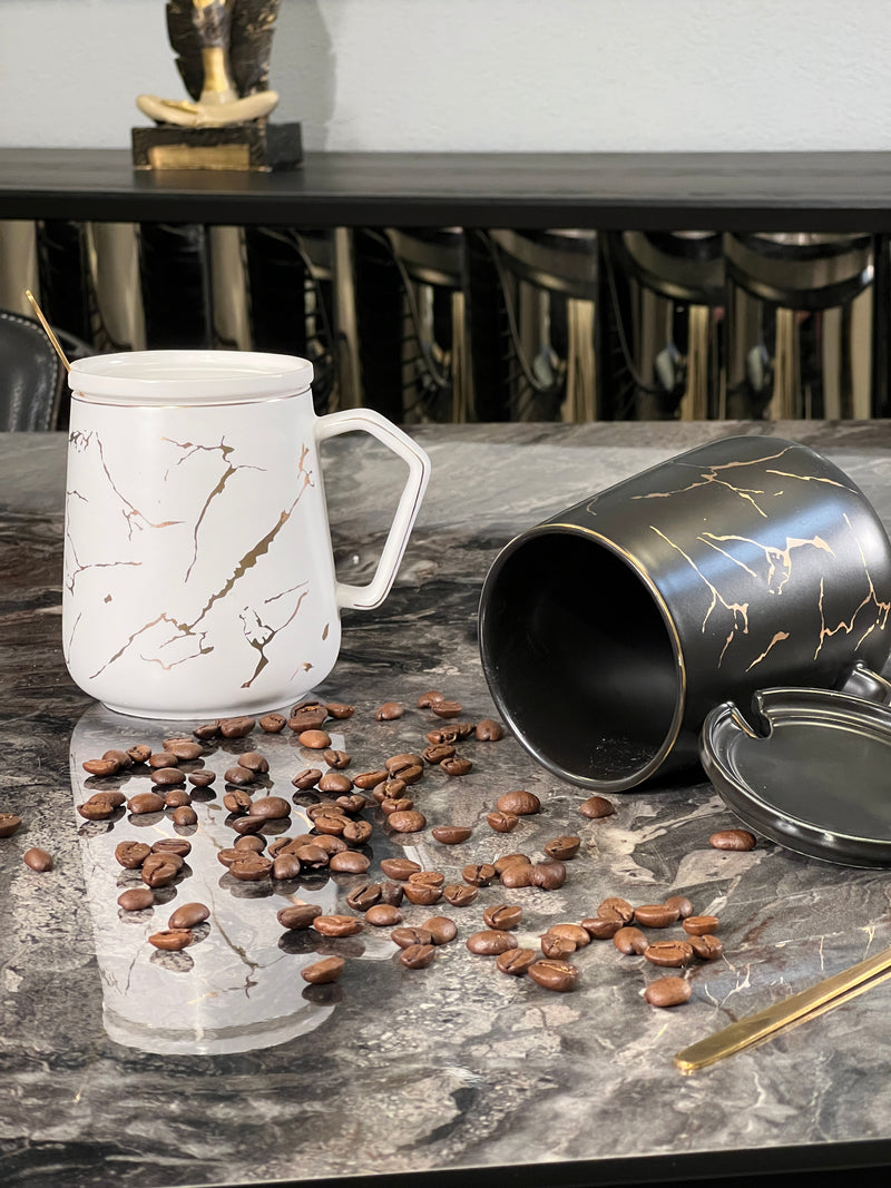 TREND HOME COLLECTION Lot de 2 Mugs BLANC et NOIR motif marbré doré 6 pièces