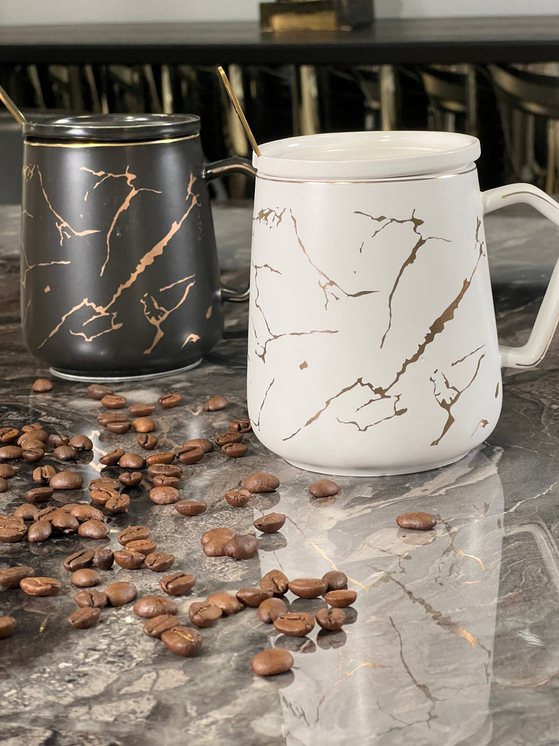 TREND HOME COLLECTION Lot de 2 Mugs BLANC et NOIR motif marbré doré 6 pièces