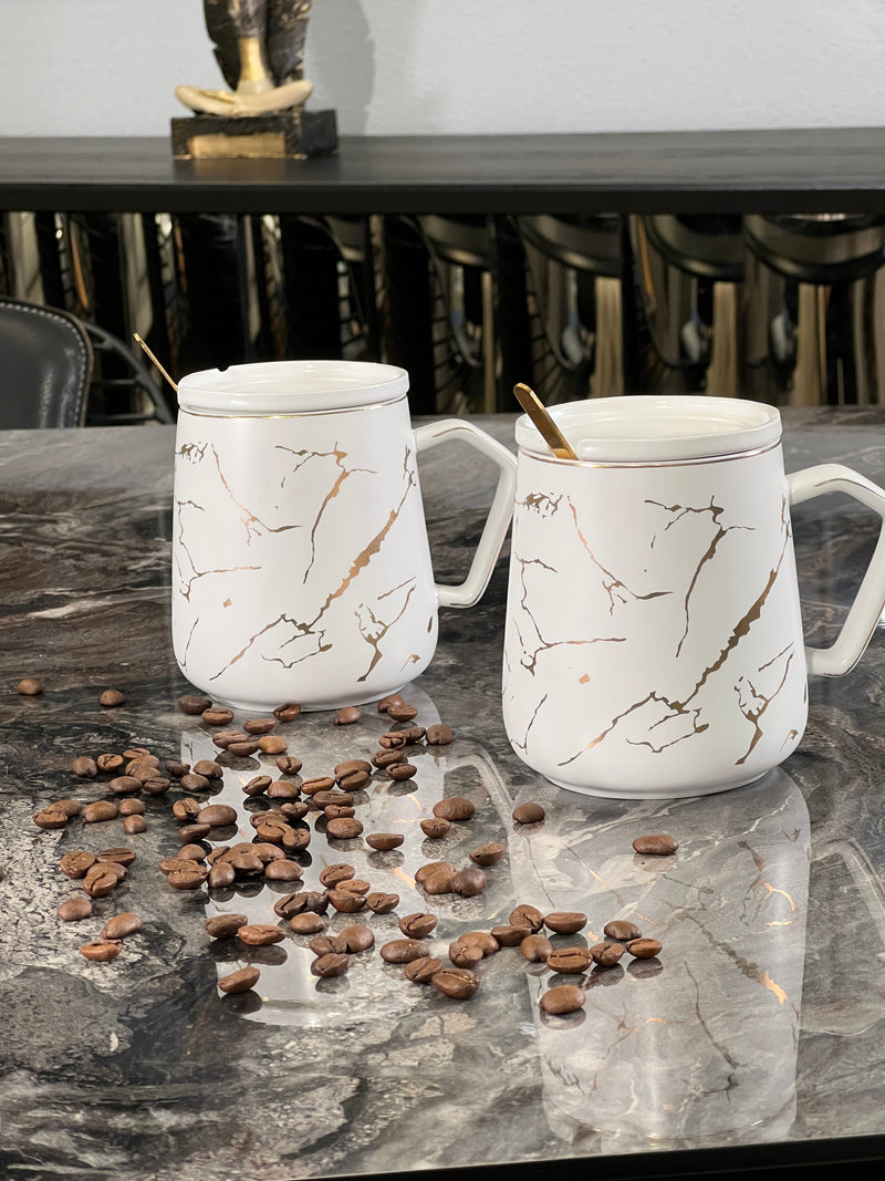 TREND HOME Lot de 2 Mugs BLANC  motif marbré doré 6 pièces