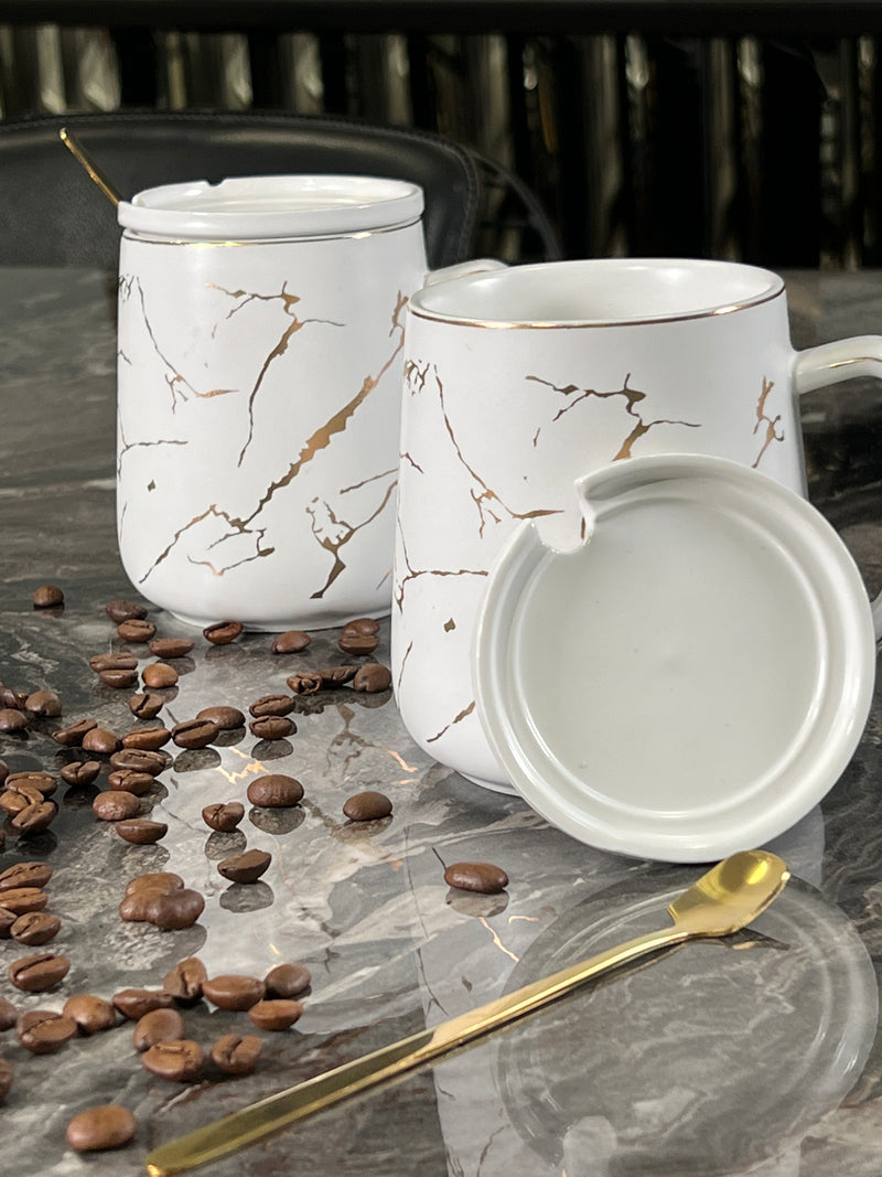 TREND HOME Lot de 2 Mugs BLANC  motif marbré doré 6 pièces