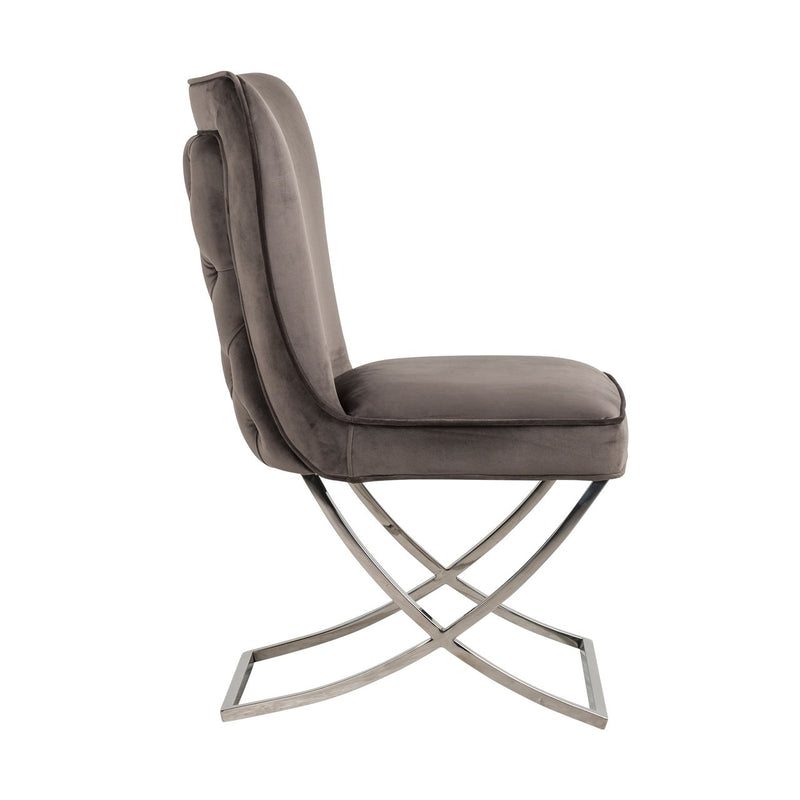 Chaise design moderne dossier capitonné en velours gris foncé avec piètement en acier inoxydable collection Scarlette avec un confort parfait - Mutfak yemek odası salon sandalyesi koyu gri kumaş kadife gümüş metal ayak