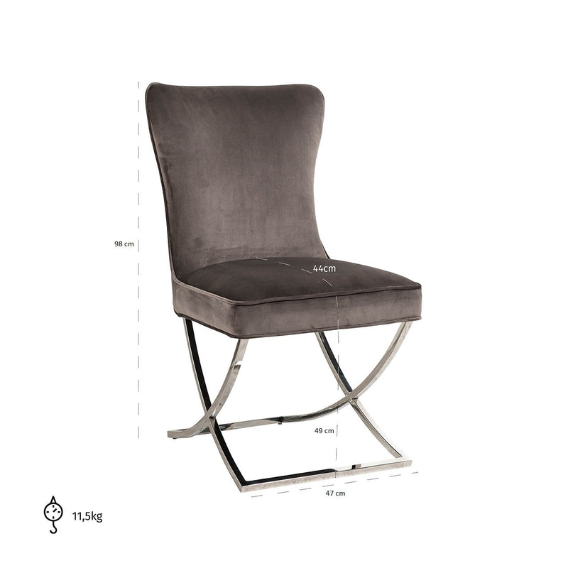 Chaise design moderne dossier capitonné en velours gris clair avec piètement en acier inoxydable collection Scarlette avec un confort parfait - Mutfak yemek odası salon sandalyesi açık gri kumaş kadife gümüş metal ayak